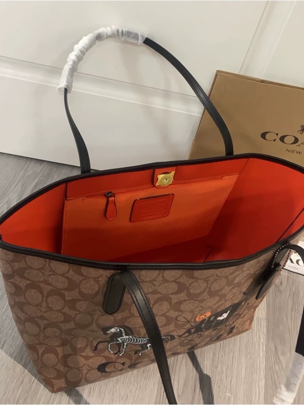 Coach Brown Signature Tote with Black Trim and Halloween Carriage Motif - Picture 7 of 7